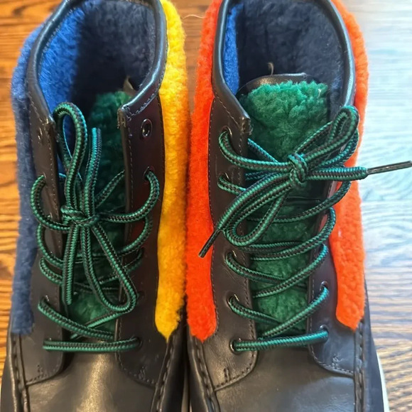 Tory Burch black leather & colorblock fleece yellow/blue/green/red/orange boots - Picture 7 of 10